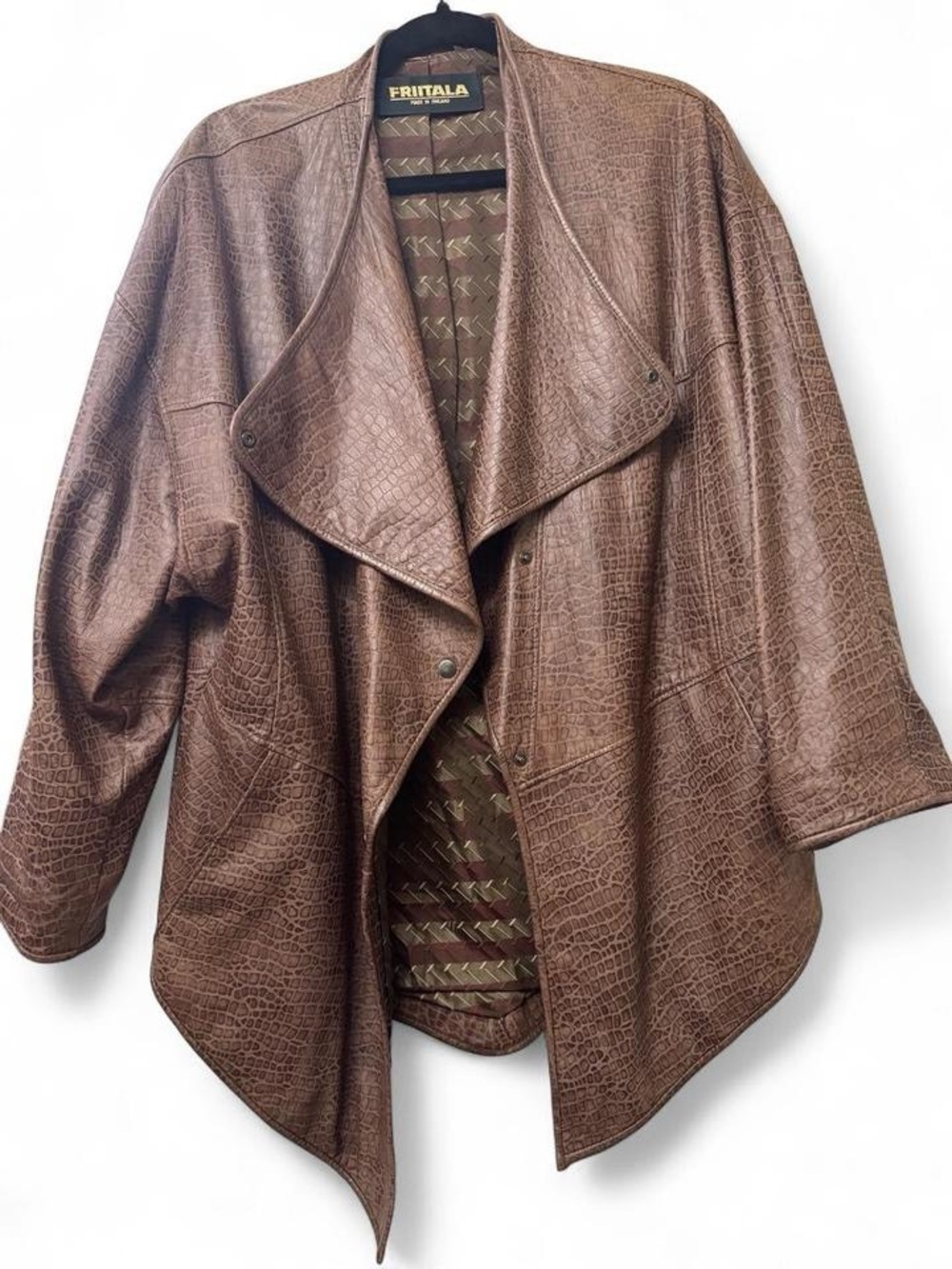 FRIITALA Women's Brown Genuine Leather Croc Embossed Draped Jacket
